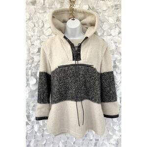 Adam Lippes Womens XS Cream Gray Wool Mohair Hooded Sweater SILK Lined Leather